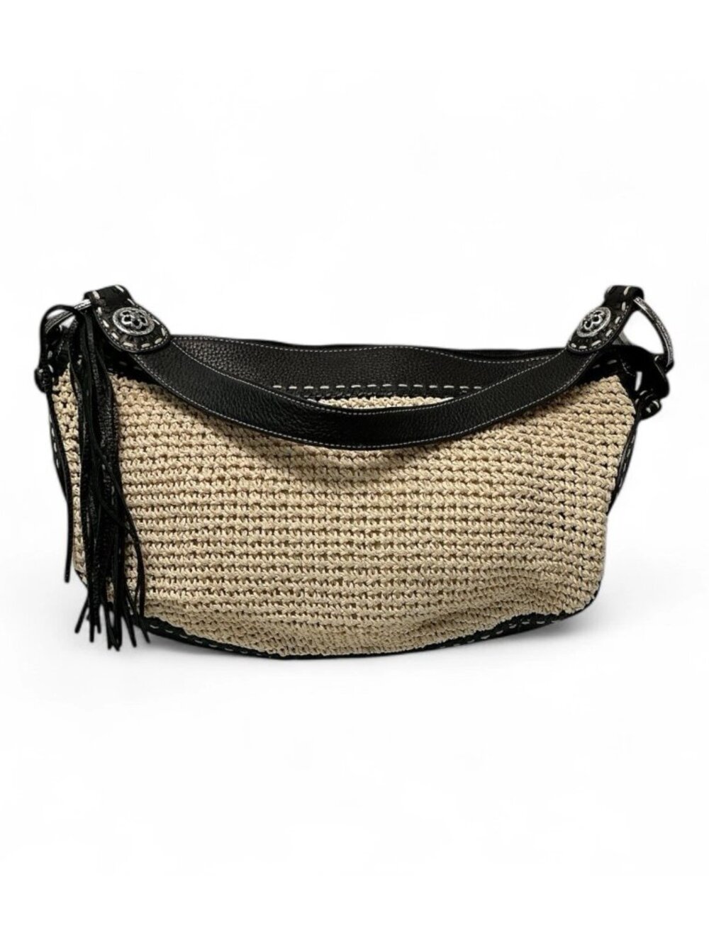 Brighton Woven Straw Leather Shoulder Bag Black Trim Tassel Boho Purse 15x10x3